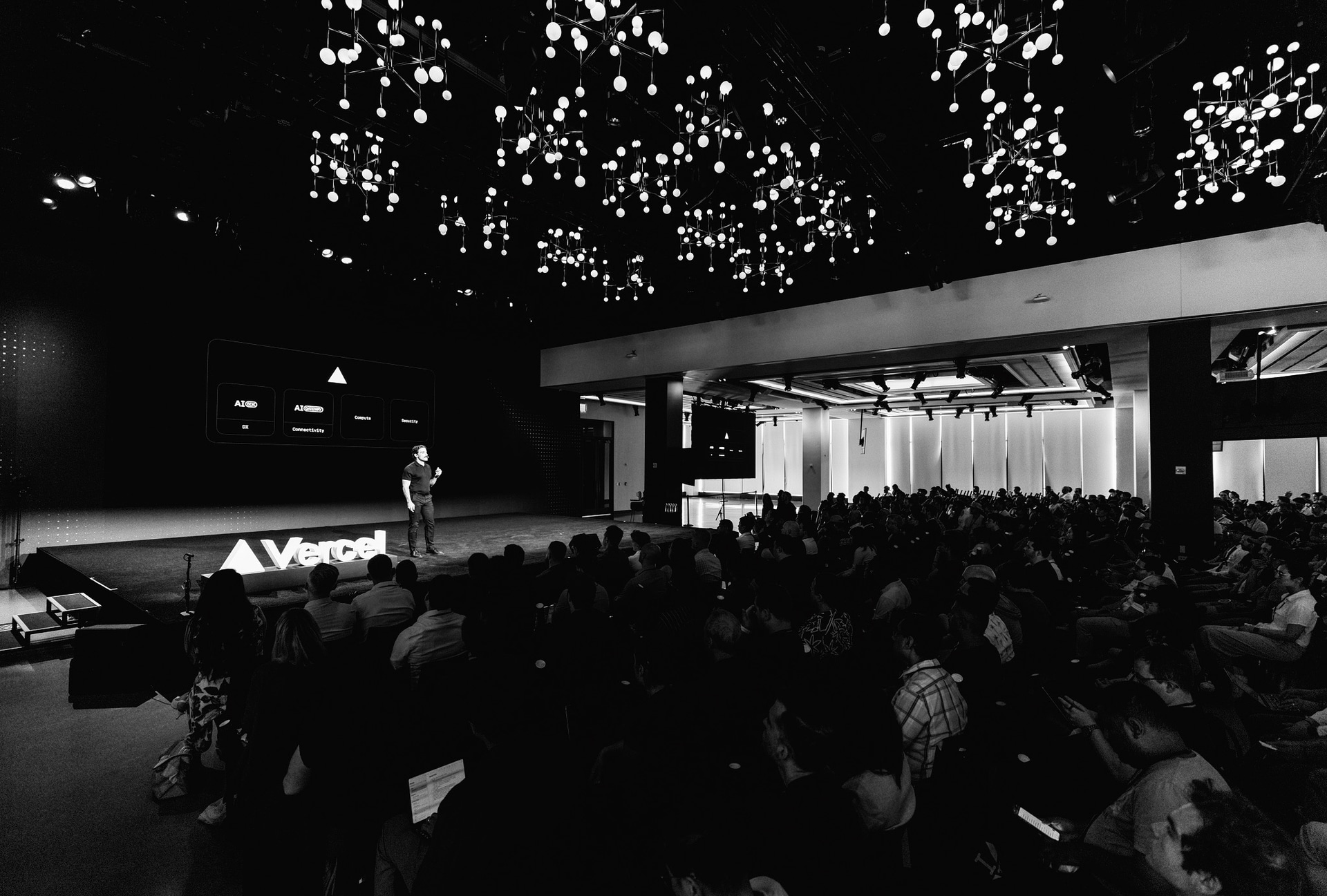 Guillermo Rauch giving the Vercel Ship 2025 keynote introduction at The Glasshouse in New York City.